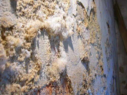 Mur intérieur couvert d'efflorescences de sels blancs et jaunâtres sur un enduit dégradé